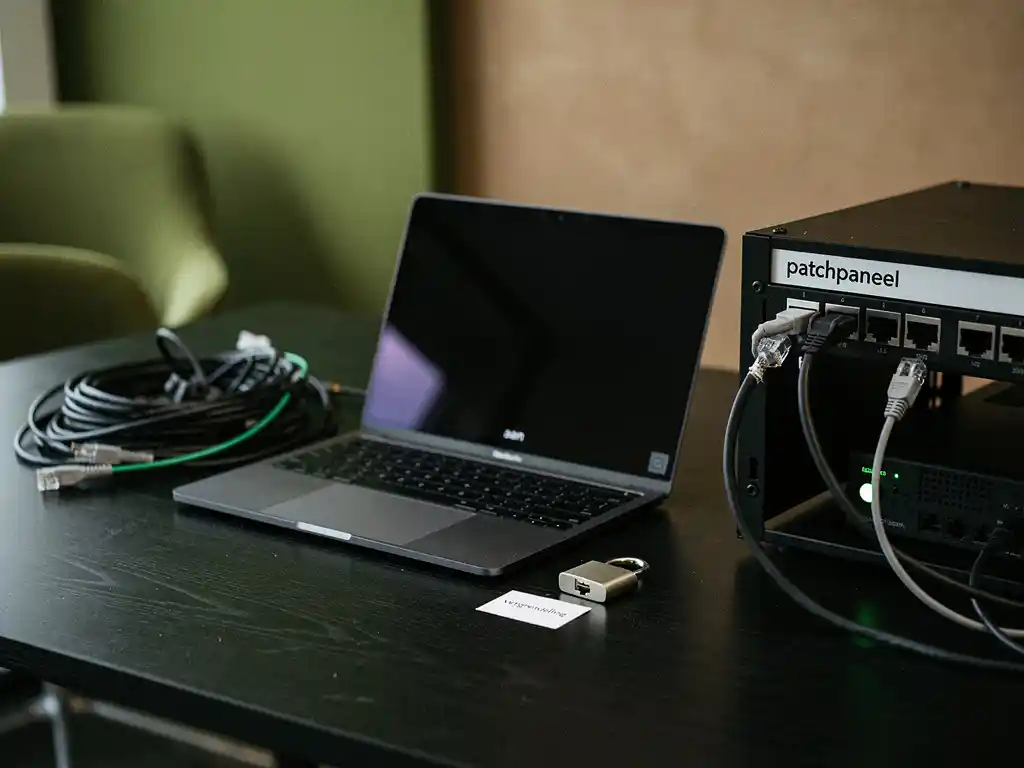 Halfopen laptop op matzwarte desk naast rommelige kabels en open patchpaneel, ongebruikt hangslot; low-key cybersecurity sfeer