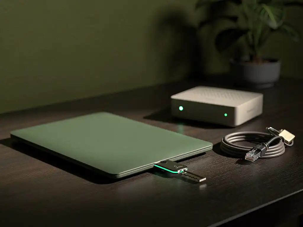 Gesloten mosgroene laptop met security key op donker houten bureau, naast router en ethernetkabel, cybersecurity sfeerbeeld