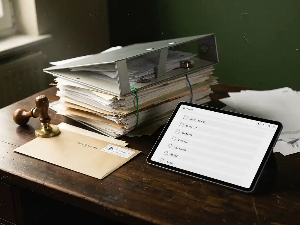 Geblokkeerde tablet op notarisbureau naast chaotische papieren dossiers en archiefmap, symbool voor documenttoegang en tijdverlies
