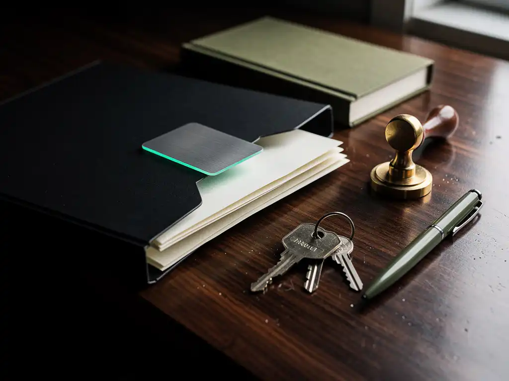 Open zwart dossier met juridische documenten, sleutels en keycard op walnoten bureau, moody licht, blog thumbnail