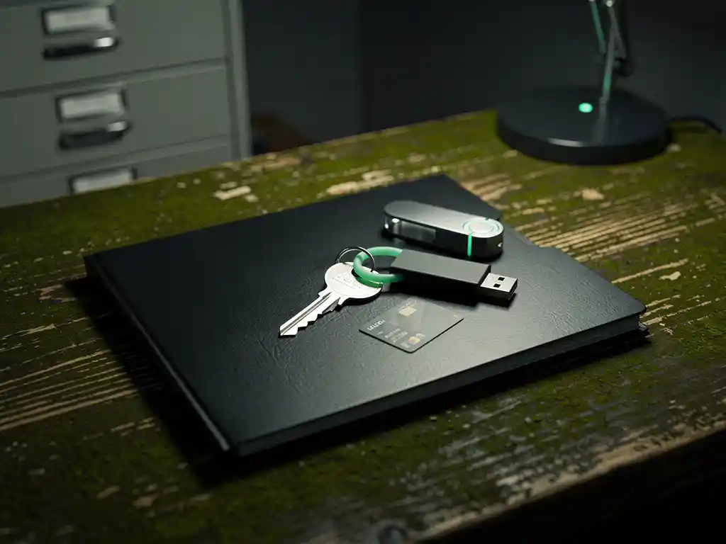 Matte zwarte dossiermap met metalen sleutel en USB-security key op donker houten bureau, archiefkast onscherp op achtergrond