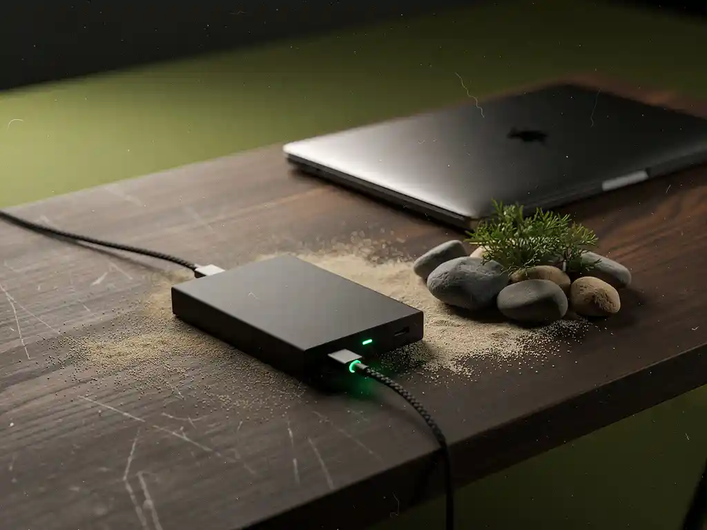 Matte-zwarte externe SSD op walnoten bureau naast gesloten laptop, stenen en mos, met subtiele RGB-kabelgloed.