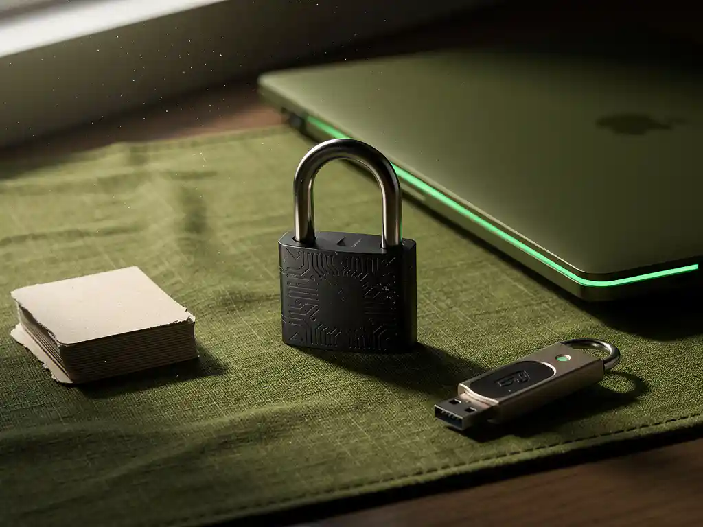 Mat zwart metalen hangslot op mosgroene bureaumat naast olijfgroene laptop en USB-security key, moderne werkplek in zijlicht