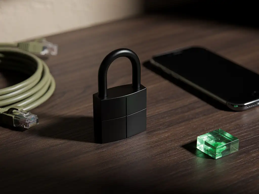 Matte zwarte padlock op donker walnotenhout, in vier segmenten, met ethernetkabel en smartphone in dramatisch licht