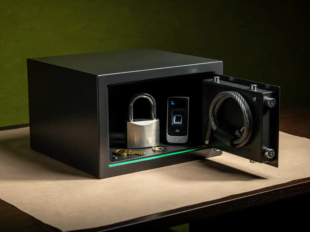 Matte zwarte metalen kluis op donker houten bureau, half open met hangslot, sleutel, vingerafdrukscanner en kabelslot