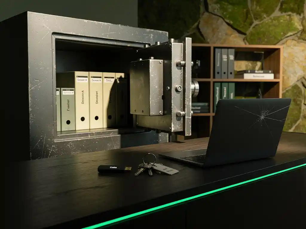 Halfopen metalen kluisdeur op notarisbureau met dossiers, laptop en USB-stick, dramatisch zijlicht, onscherpe boekenkast achtergrond