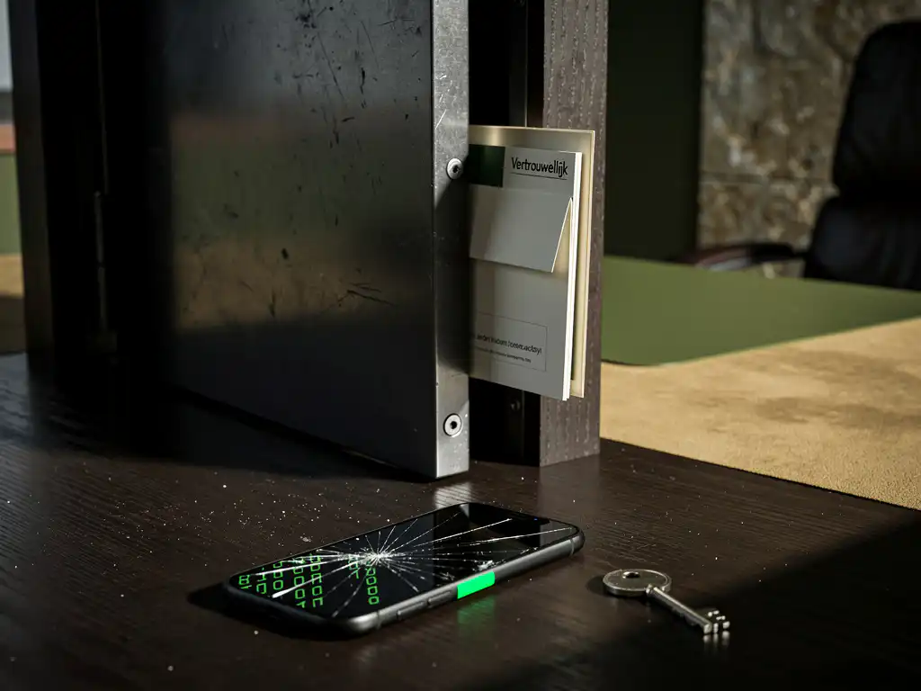 Kierstaande kluisdeur op notarisbureau met dossiers en verzegelde envelop, smartphone met gebarsten privacyglas en sleutel