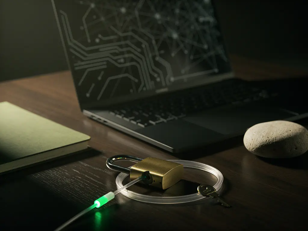 Halfopen matte-zwarte laptop en open hangslot met glasvezelkabel op walnoothouten bureau, cybersecurity concept.