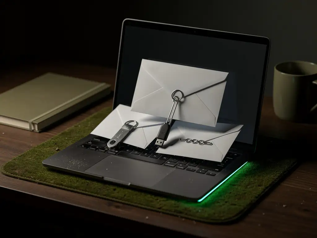Open laptop op mosgroene deskmat met abstracte e-mailenveloppen en LED-accent, minimalistisch houten bureau met mok en notitieboek.