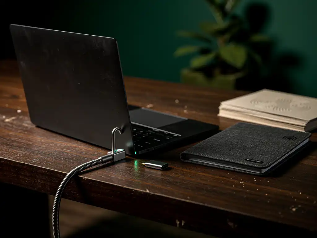 Gesloten zwarte laptop met kabelslot op walnoothouten bureau, naast RFID-map en USB‑C beveiligingssleutel in kantoorhoek