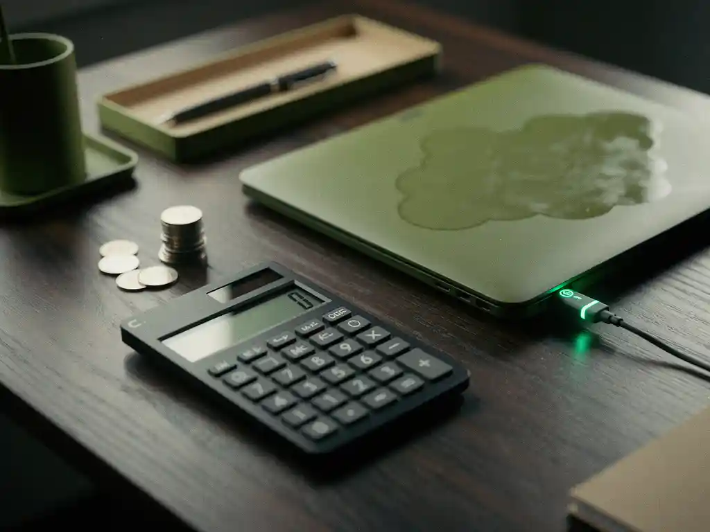 Mosgroene laptop met cloudreliëf naast zwarte rekenmachine en munten op donker walnotenhouten bureau, minimalistisch werkplek