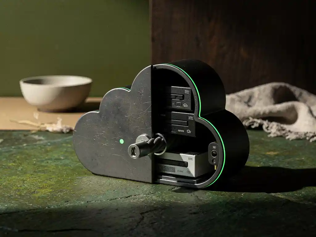 Halfopen matte metalen cloud-lockbox met data-drives en klemzittende kabel op groen stenen bureau, low-key werkplek achtergrond