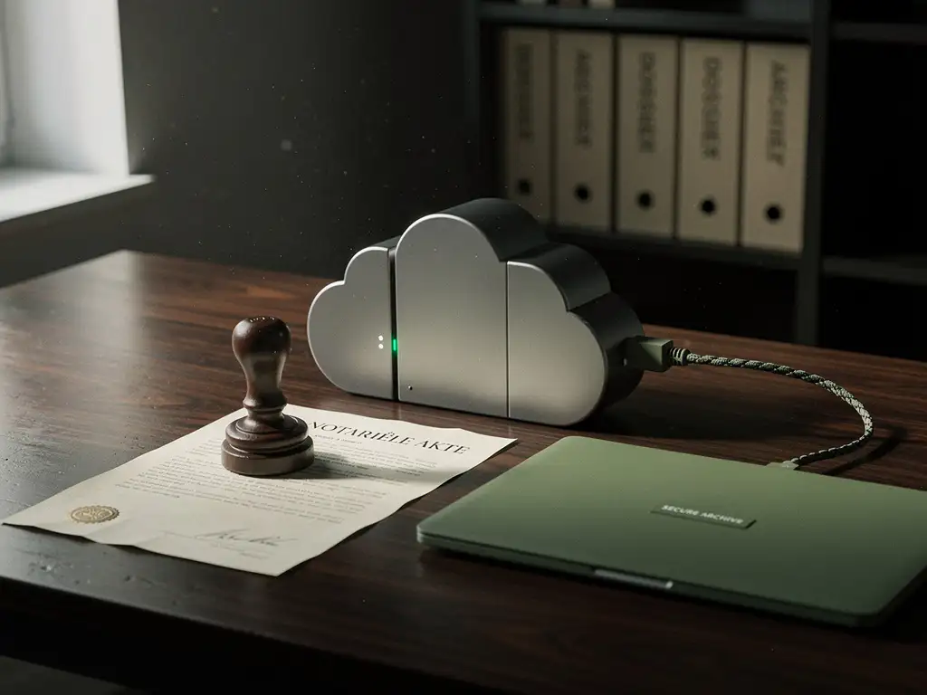 Notariële stempel en verzegelde akte naast cloudkluis met statuslampje en datakabel naar laptop op walnoothouten bureau
