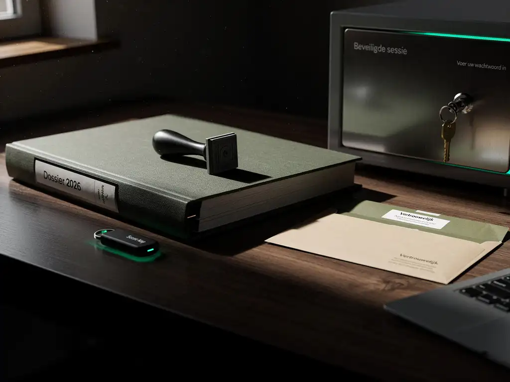 Notariële stempel en gesloten dossiermap op donker houten bureau naast metalen kluis met sleutel, verzegelde envelop en USB-security key