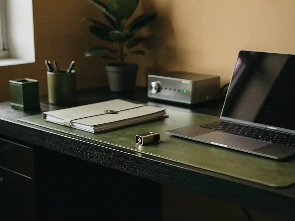 Notariële thuiswerkplek met gesloten laptop, hardware security key en kluisje op donker bureau, minimalistisch en veilig