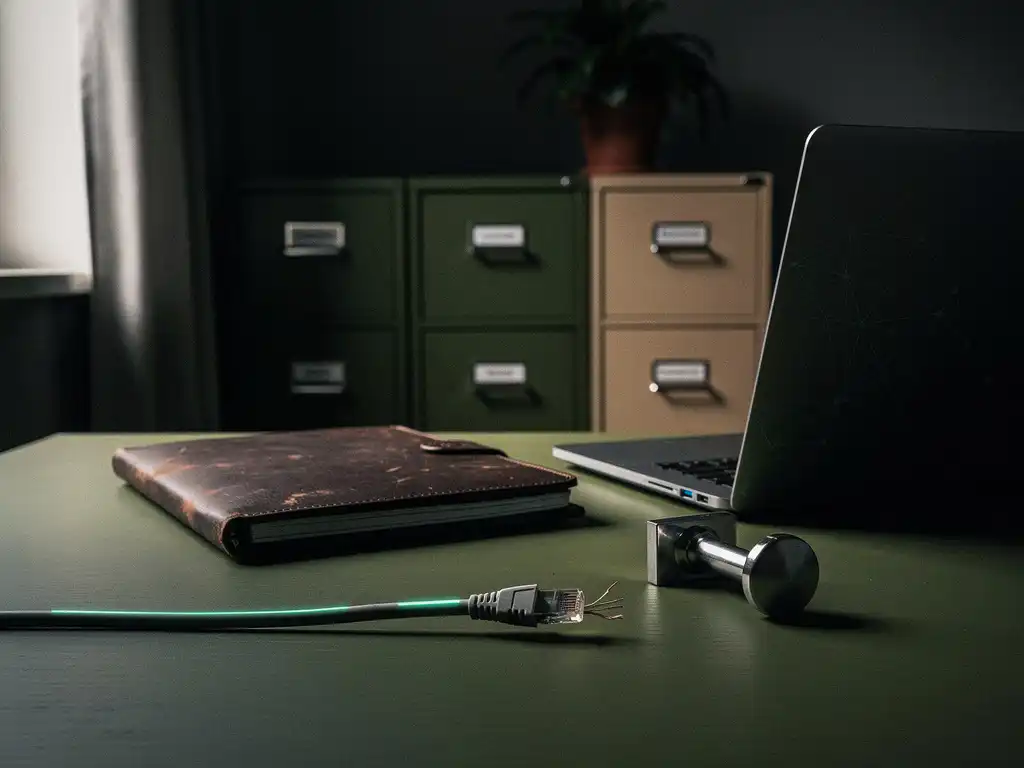 Laptop en doorgesneden ethernetkabel op notarisbureau met leren dossier en zegelstempel, dramatisch zijlicht, onscherpe archiefkasten