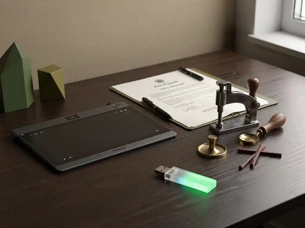 Digitale tekentablet naast open notariële aktemap op donker houten bureau met stempelpers en USB-beveiligingssleutel