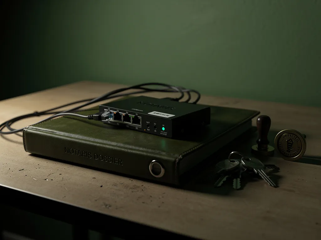 Olijfgroene leren dossiermap en zwarte netwerkswitch met losse kabel op notarisbureau, met sleutelbos en stempelset, avondlicht