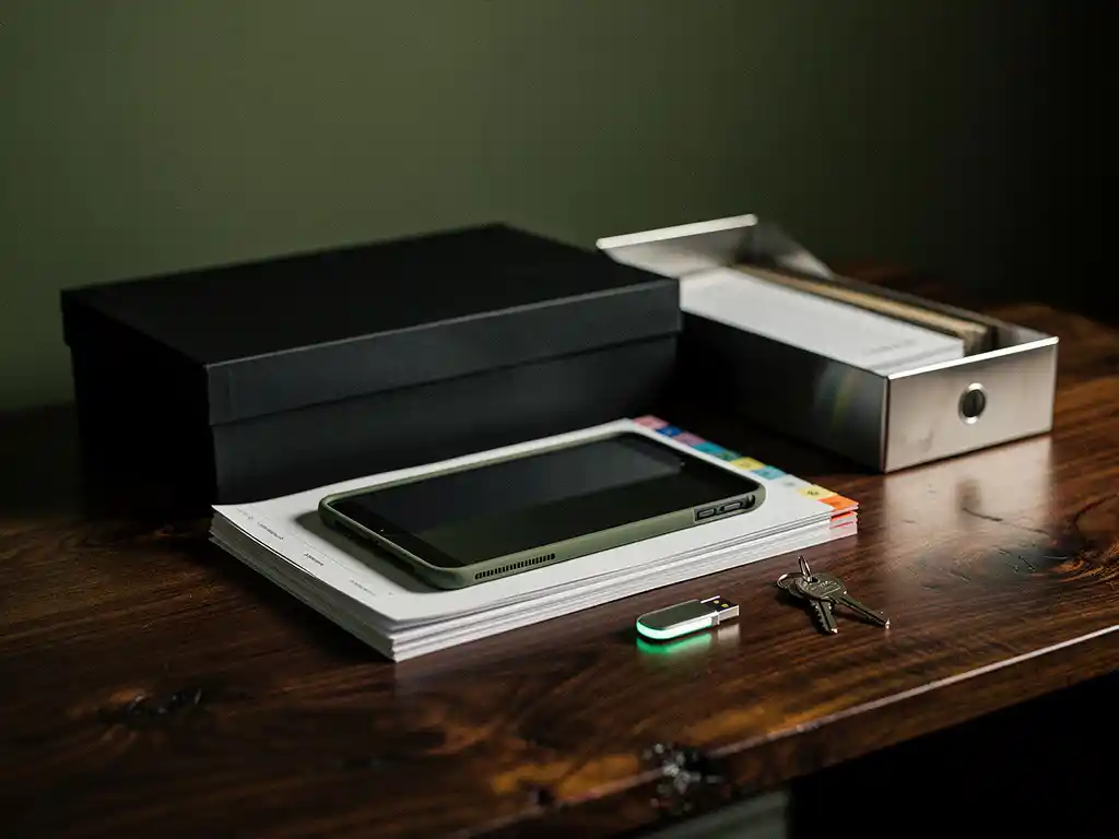 Tablet in mosgroene hoes op papieren dossiers op walnoten bureau, met USB-stick en sleutel, notaris werkplek in zacht licht