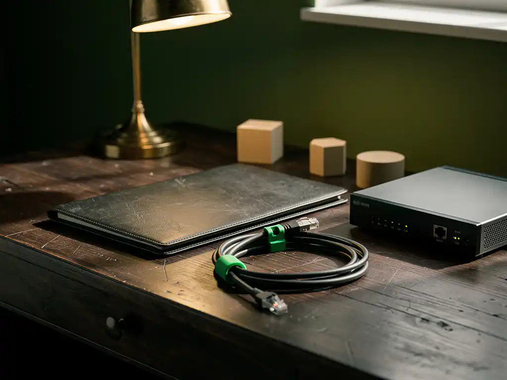 Beveiligde ethernetkabel met netwerk switch en externe back-updrive op notarisbureau, donker hout, low-key licht