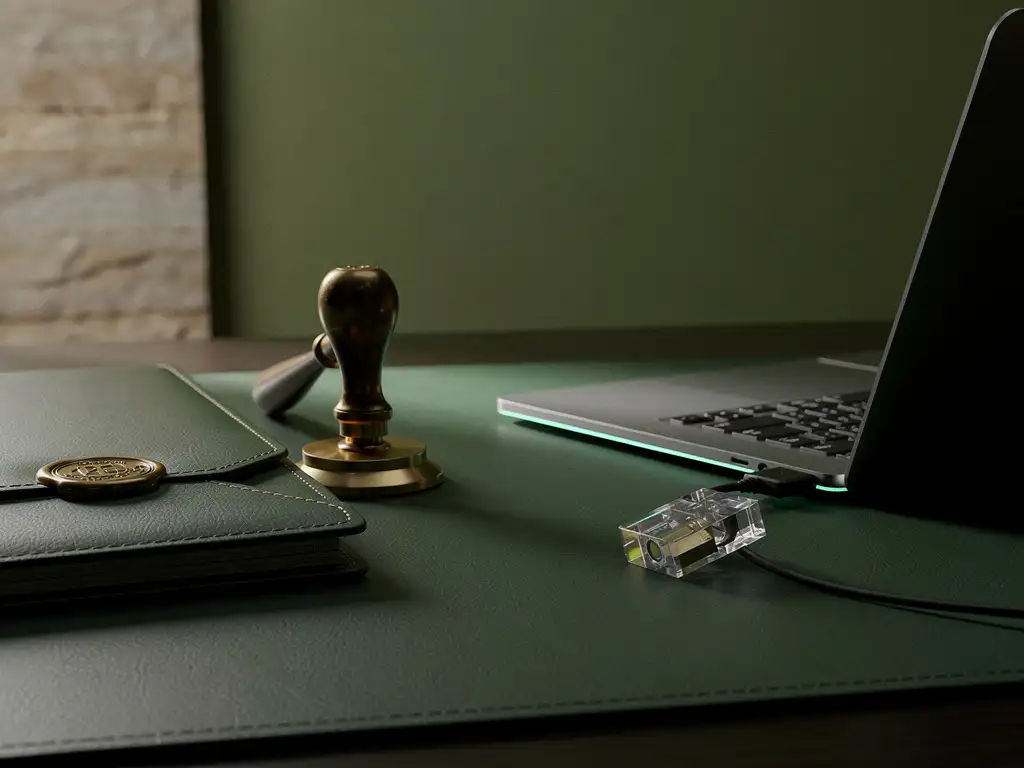 Messing notarisstempel en verzegelde aktemap naast halfopen laptop met USB-kabelslot op groen leren bureau-onderlegger