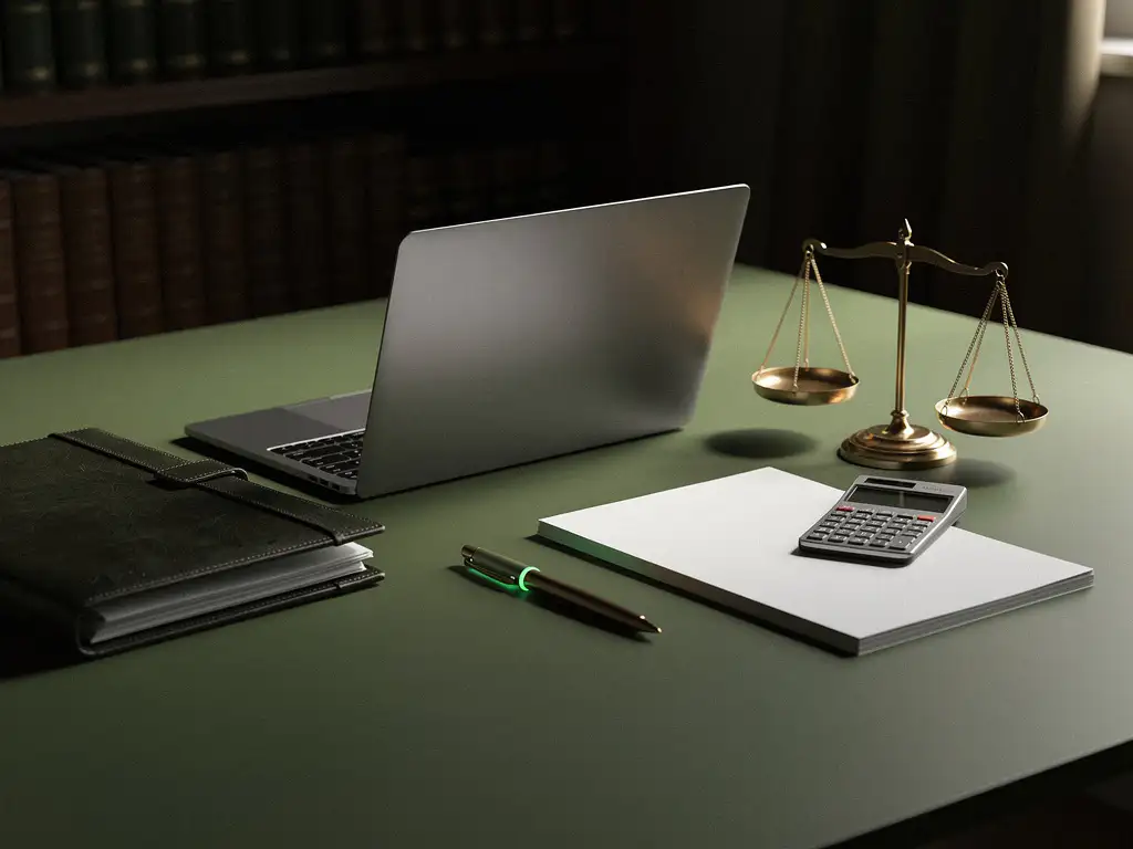 Halfopen laptop en messing balansweegschaal op donkerhouten notarisbureau, met dossiermap en documenten in zijlicht