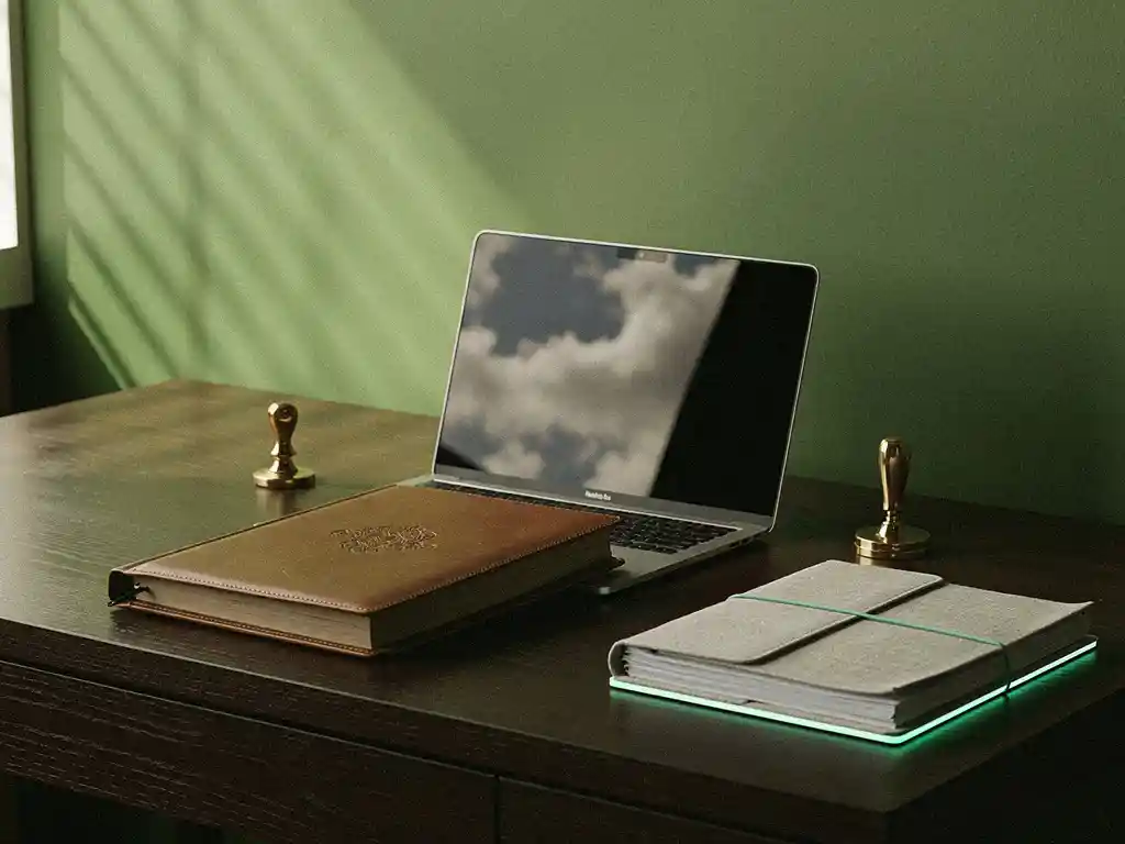 Laptop en leren dossiermap op donker houten notarisbureau, zegelstempel en papieren, mosgroene wand, rustig zijlicht