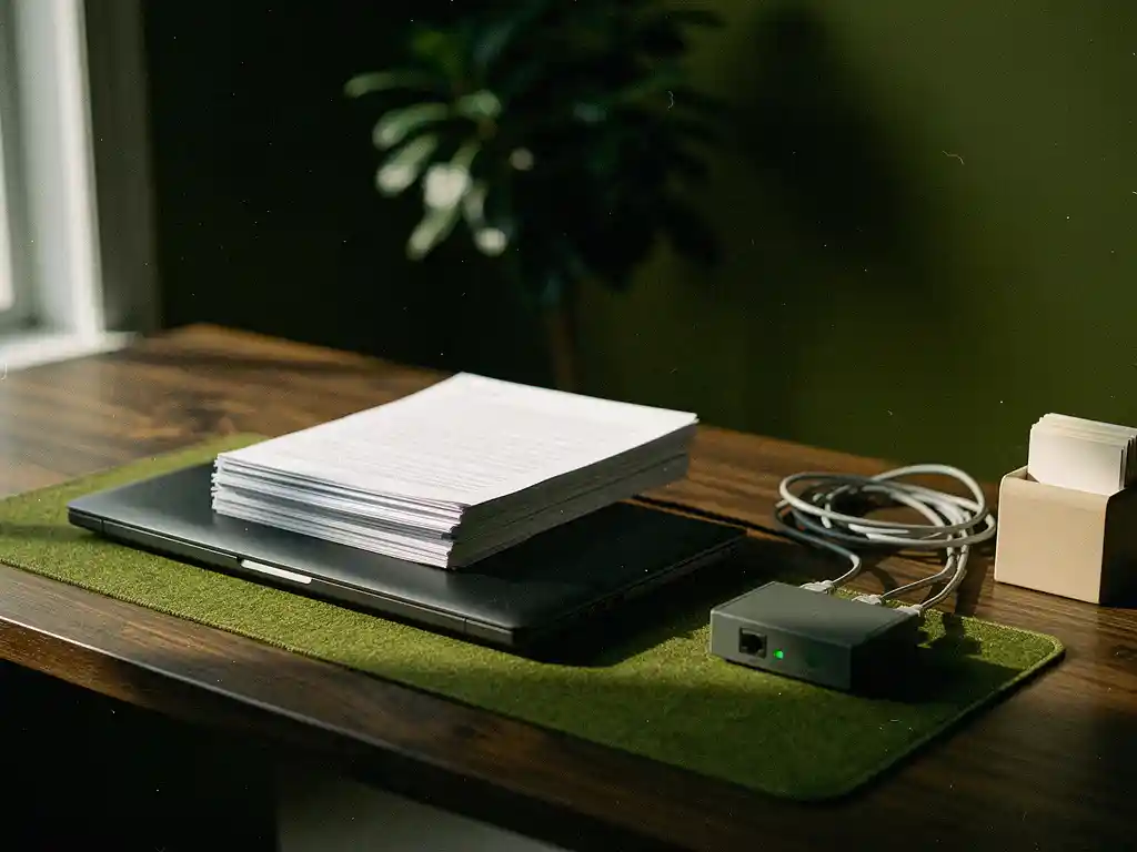 Gesloten zwarte laptop met papieren dossiers op modern notarisbureau, ethernetkabels naar switch met groen lampje