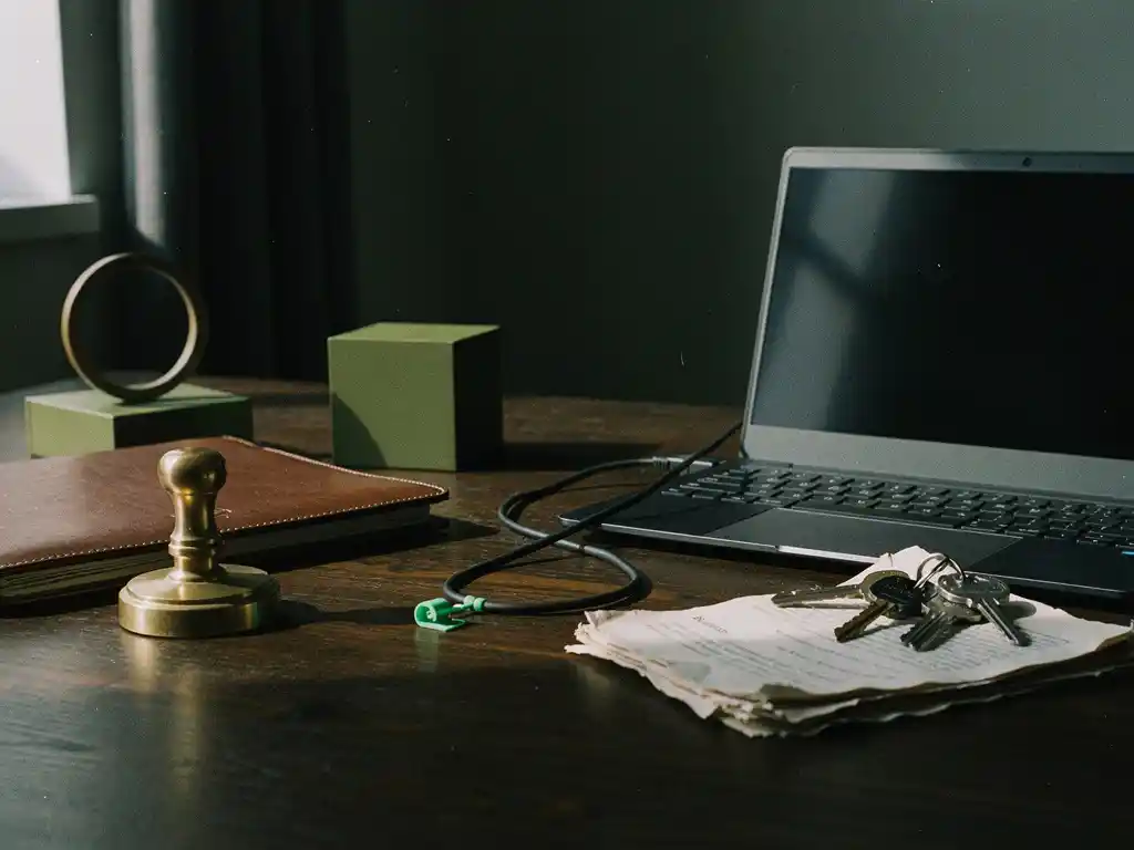 Notariskantoor bureau met messing notarisstempel, leren dossier en uitgeschakelde laptop met losse ethernetkabel, zijlicht