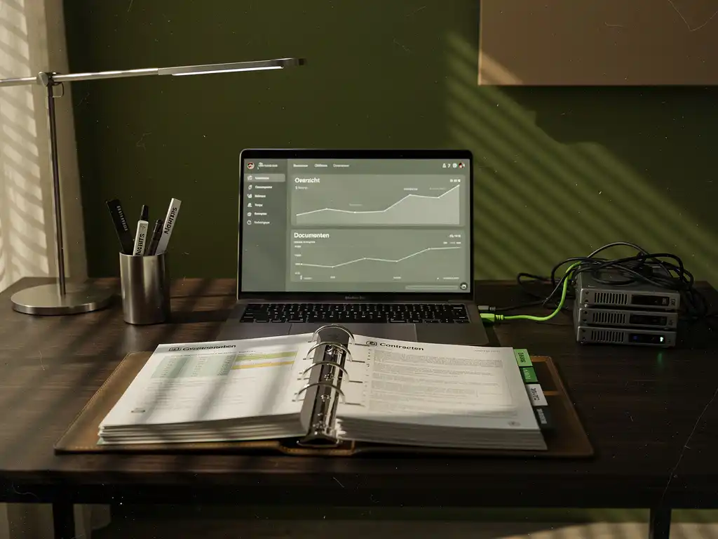 Laptop op open ordner met dossiers op donker notariskantoor bureau, kabels en externe schijven, zijlicht door jaloezieën