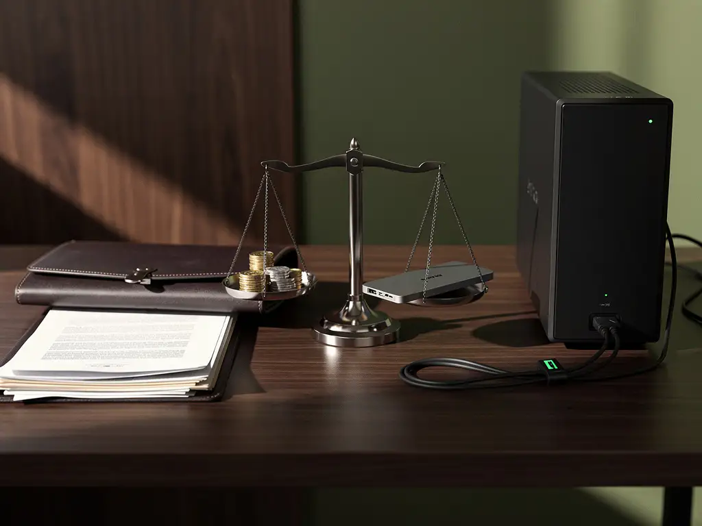 Balansweegschaal met munten en externe SSD op notarisbureau naast dossiers en NAS, subtiel RGB-accent, raamlicht