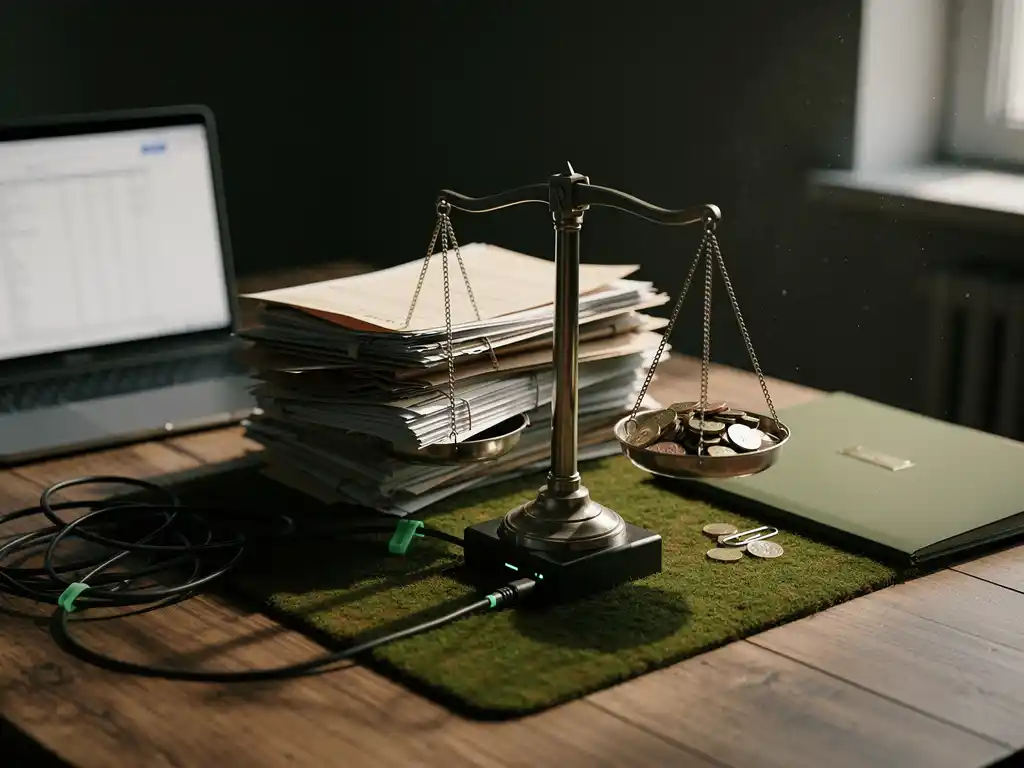 Ongebalanceerde metalen weegschaal op notarisbureau met dossiers, munten en laptop in donker minimalistisch kantoorlicht