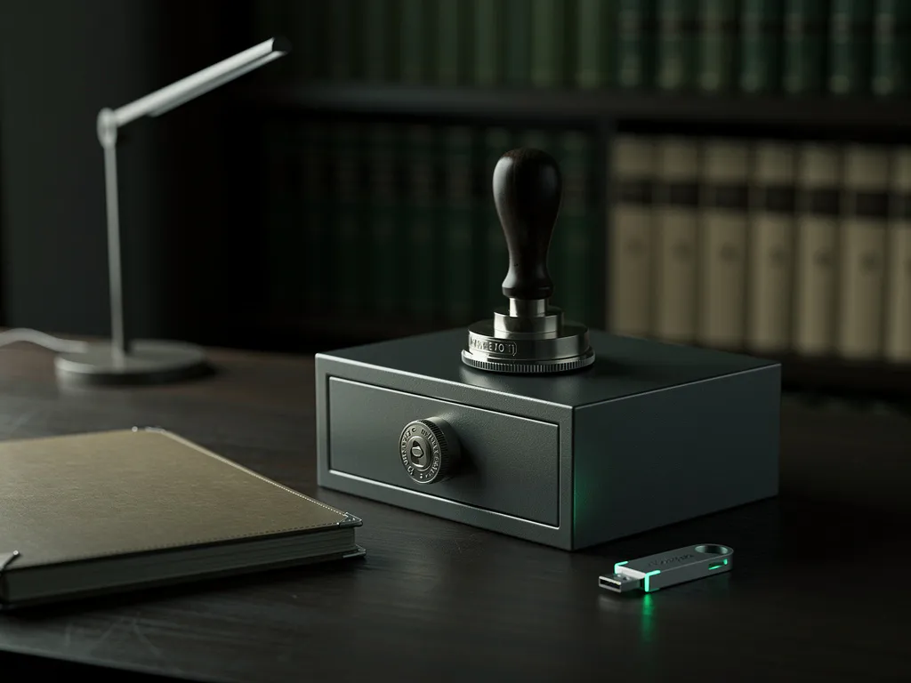 Notarisstempel op metalen kluis naast USB-security key op donker houten bureau, met gesloten dossiermap en bureaulamp.
