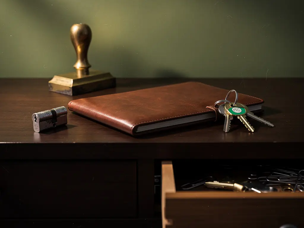 Messing notarisstempel op donker houten bureau met leren dossiermap en sleutelbos, cilinderslot en open lade met sleutels