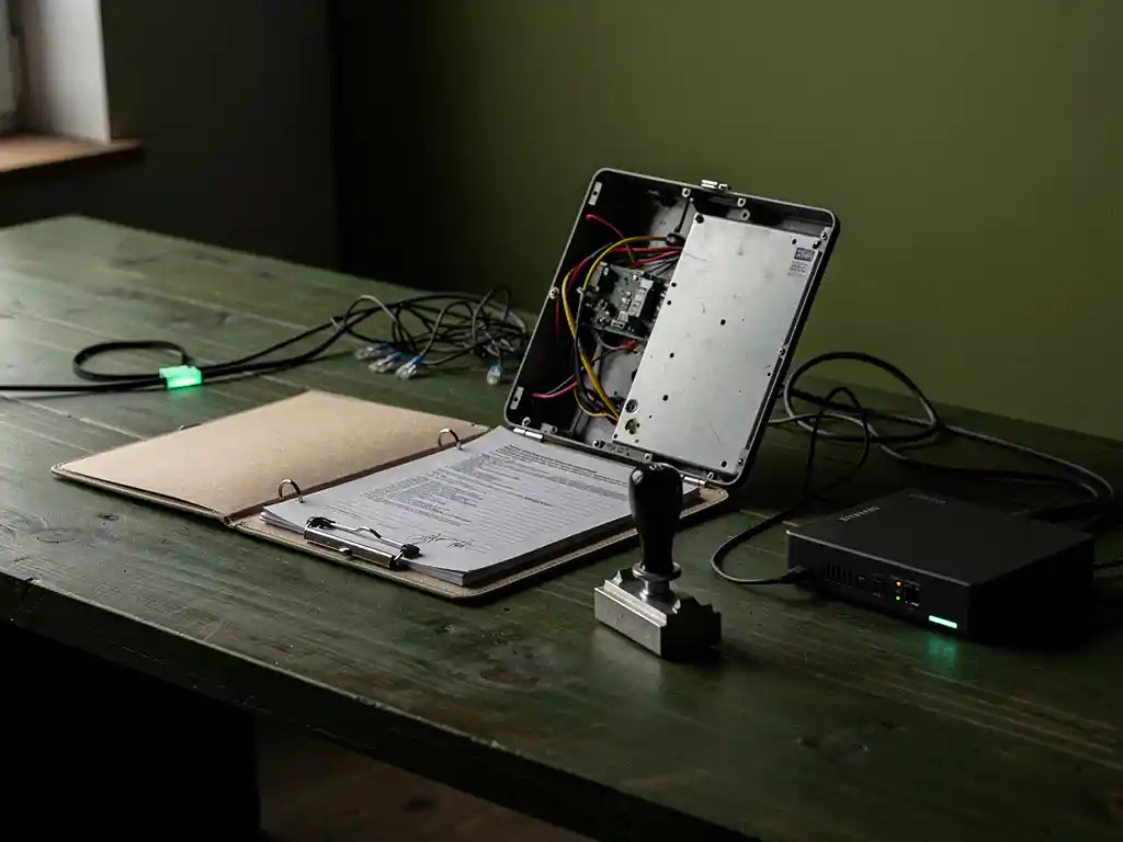 Open notarisdossier op houten bureau met stempel, halfopen laptop en ethernetkabels in donkere minimalistische werkplek