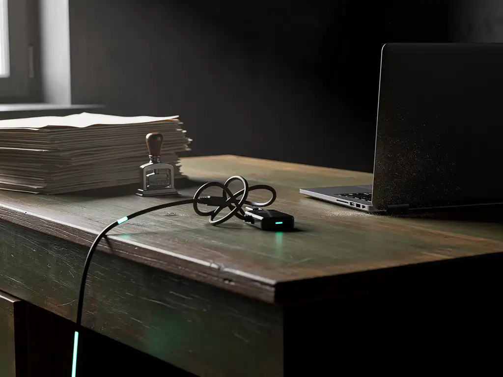 Notarisbureau met dossiers, laptop en USB‑C hub met ethernetkabelknoop, symbool IT-bottleneck, dramatisch zijlicht