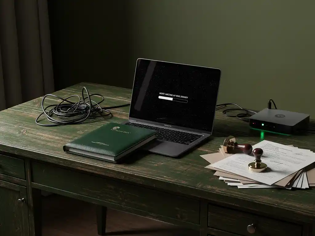 Laptop met vastgelopen voortgangsbalk naast leren notariële aktemap op donkere notariswerkplek, dramatisch zijlicht