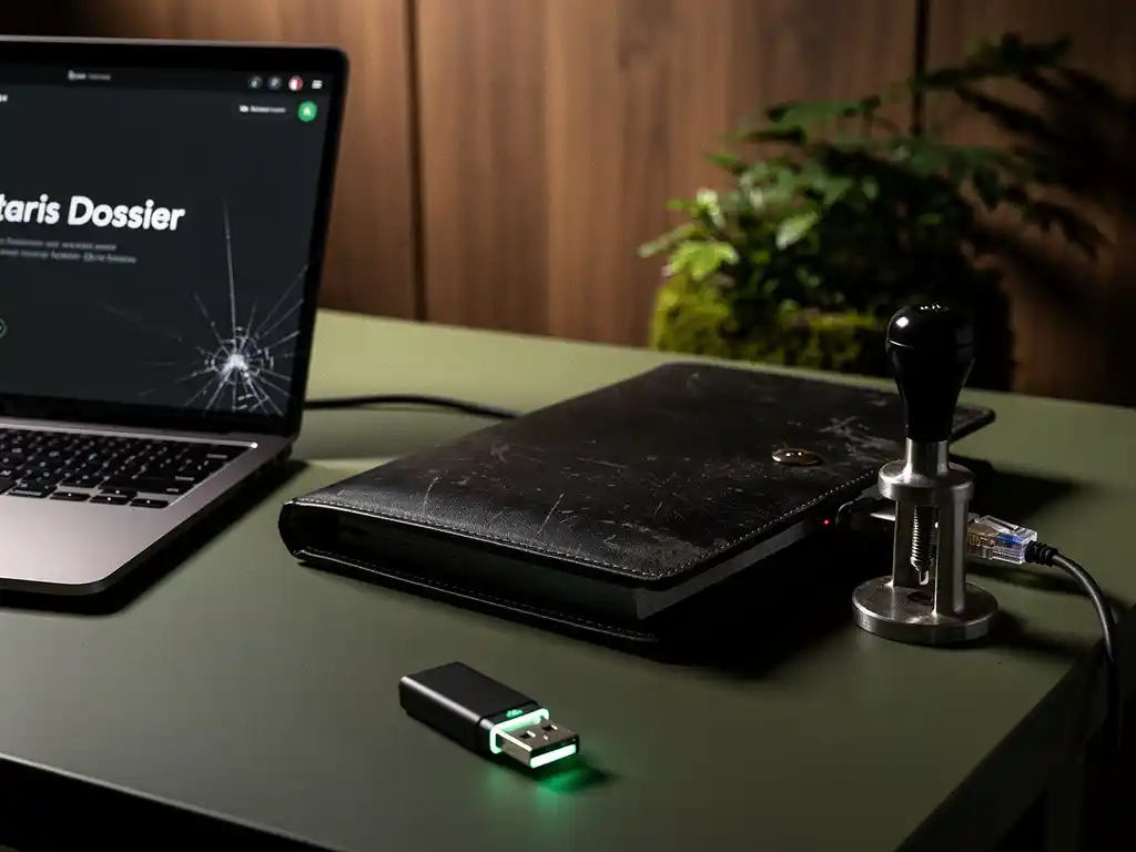 Notariswerkplek met leren dossiermap en metalen notarisstempel, laptop met barst en losse netwerkkabel op olijfgroen bureau