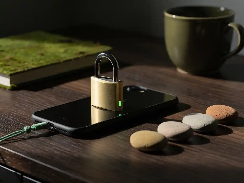 Brass padlock op matte zwarte smartphone op walnootbureau, vijf stenen ernaast, symbool voor online veiligheidstips