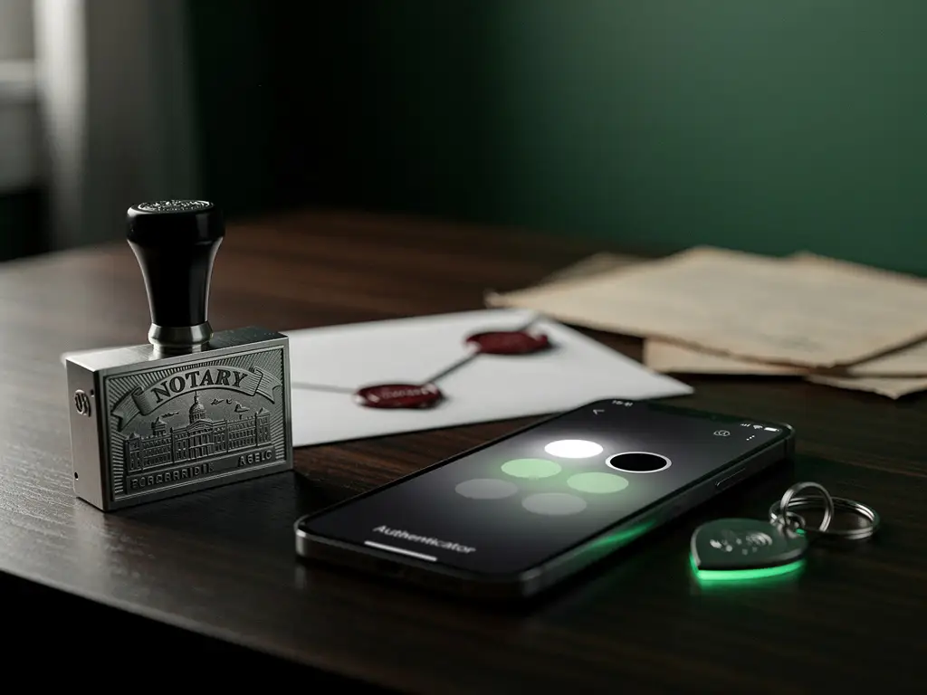Smartphone met authenticator-app naast notarisstempel en verzegelde envelop op walnoothouten bureau, dramatisch zijlicht