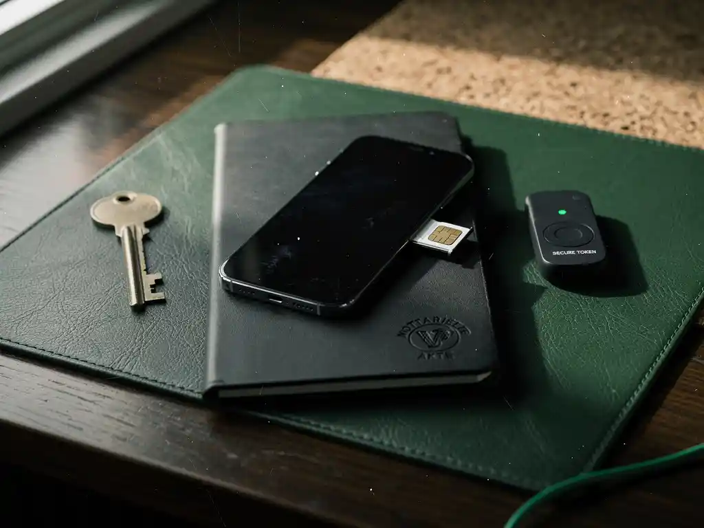 Smartphone met open SIM-lade en losse SIM-kaart op notariële aktemap, naast sleutel en security token op bureau.