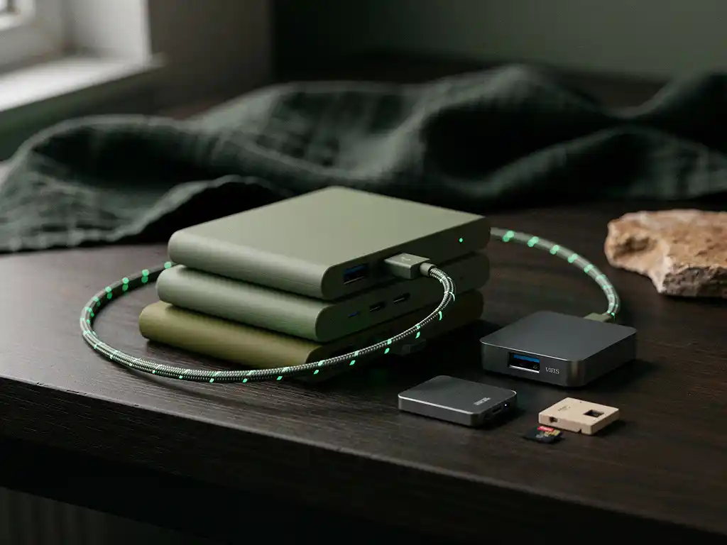 Gestapelde mosgroene externe SSD’s met microSD en compacte SSD op donker houten bureau, 3-2-1 back-up concept