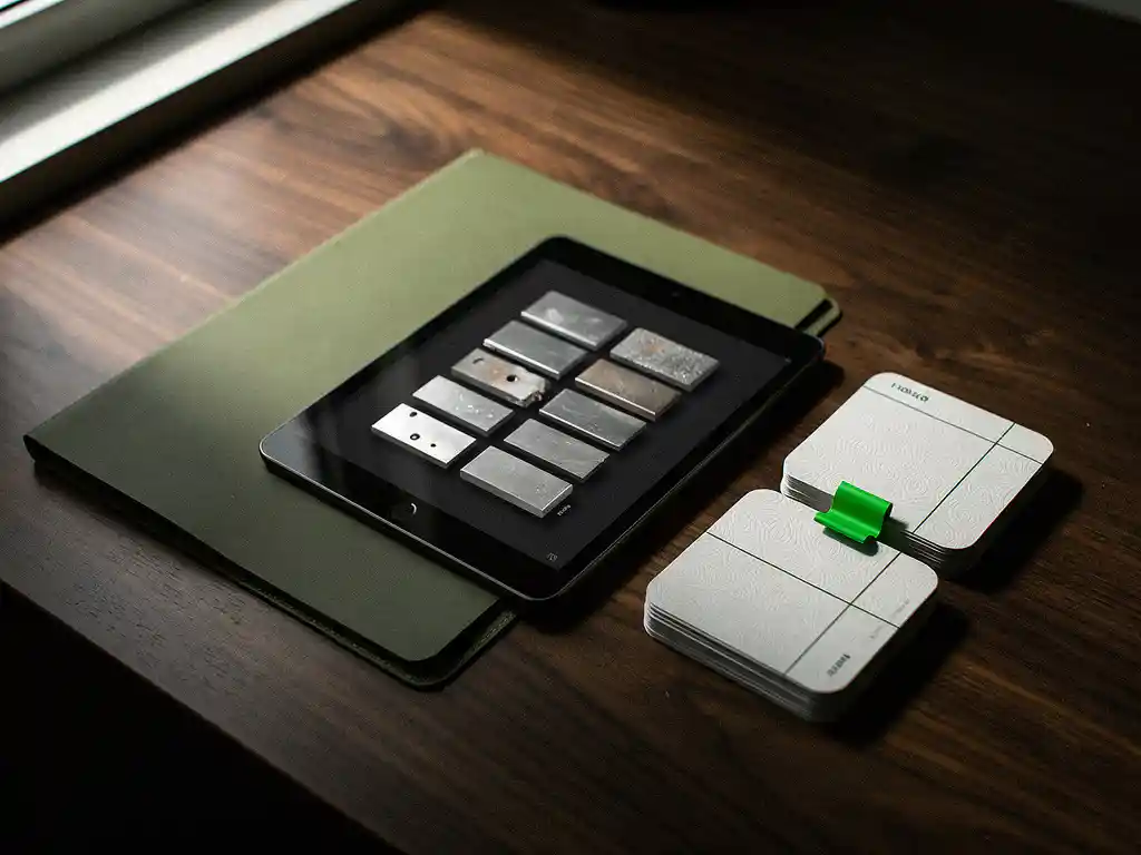 Zwart tablet met 2x5 metalen tegels op walnoten bureau naast mosgroene map en stapel kaartjes, filmische zijlicht sfeer