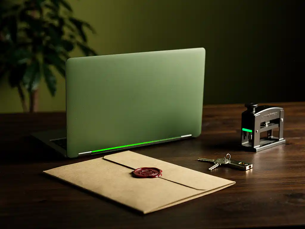 Gesloten laptop met mosgroene cover, sleutel en verzegeld kraftdossier op notenhouten thuiswerkbureau, filmische belichting
