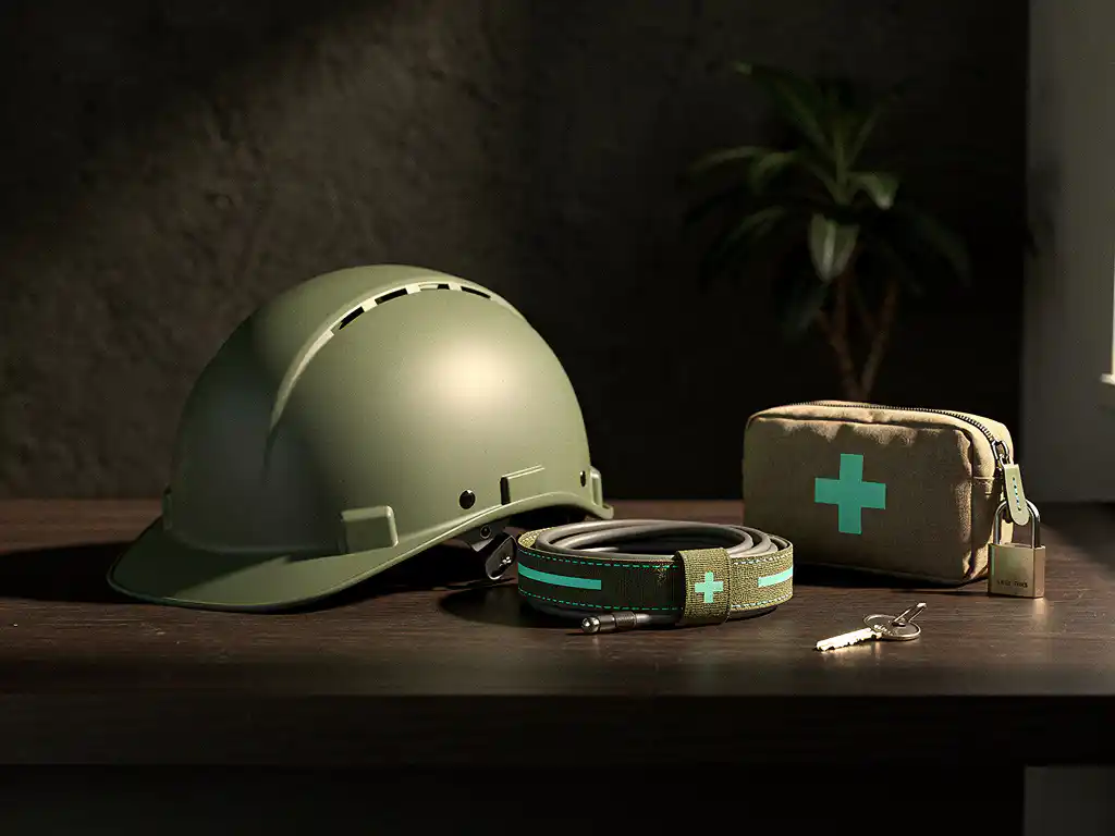 Mosgroene veiligheidshelm op donker houten bureau met opgerolde kabel, EHBO-kit en sleutel met hangslot, warm zijlicht