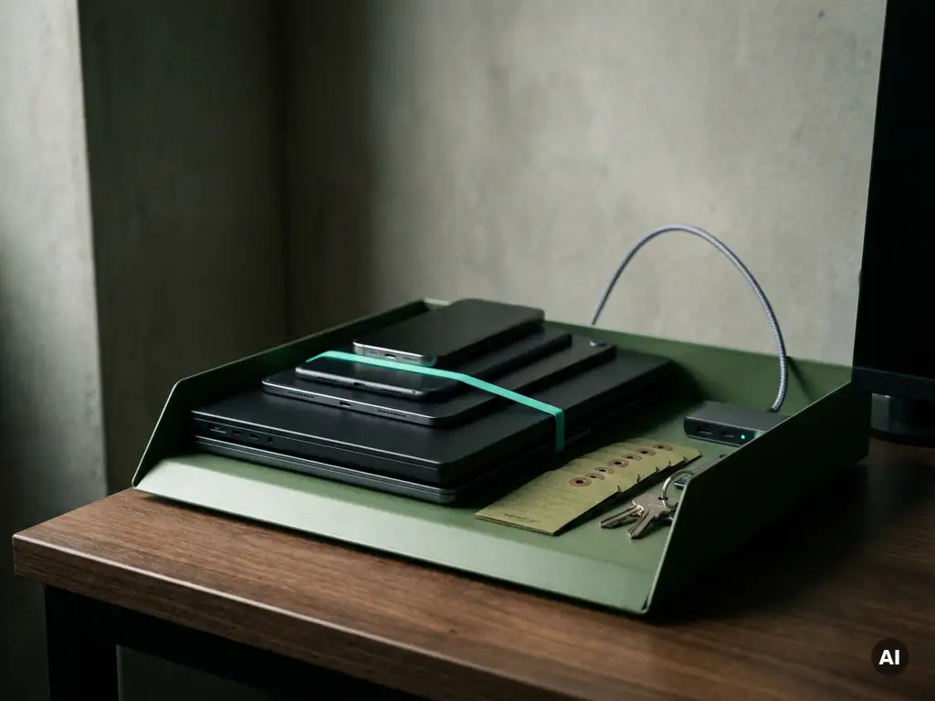 Mossgroene metalen dossierbak met laptop, tablet en smartphone in lifecycle-stapel op bureau, met asset tags en USB-C dock