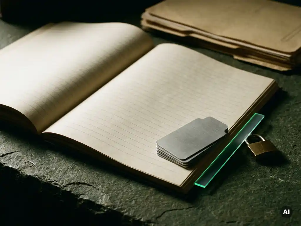 Open auditlogboek met blanco pagina’s, metalen tabbladen en klein hangslot op donkere bureau, archiefmappen vaag op achtergrond