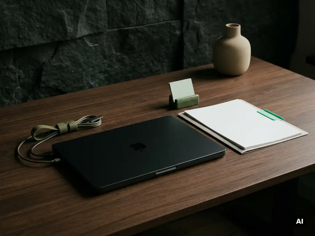 Gesloten zwarte laptop op modern donkerhouten bureau met documentmap en mintgroene clip, minimalistisch kantoorinterieur.