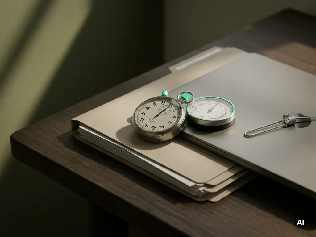 Metalen stopwatch op dossiermappen en gesloten laptop, naast analoge KPI-meter op donkere werktafel met groen accentlicht