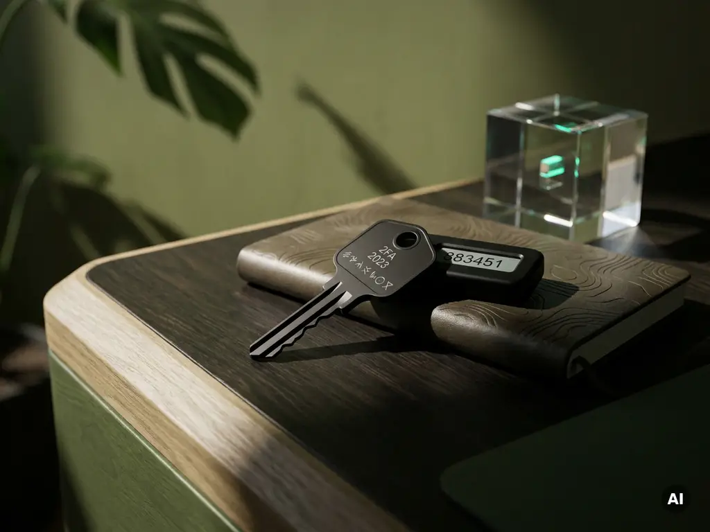 Matte zwarte metalen sleutel op authenticator-token en gesloten notitieboek op donker houten bureau, dramatisch zijlicht